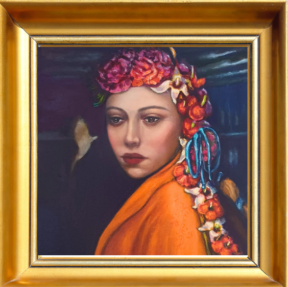 obraz olejny, portret olejny, pomarańczowo niebieski obraz, dziewczyna z kwiatami na głowie, sztuka współczesna, modern art by Anna Brańska,