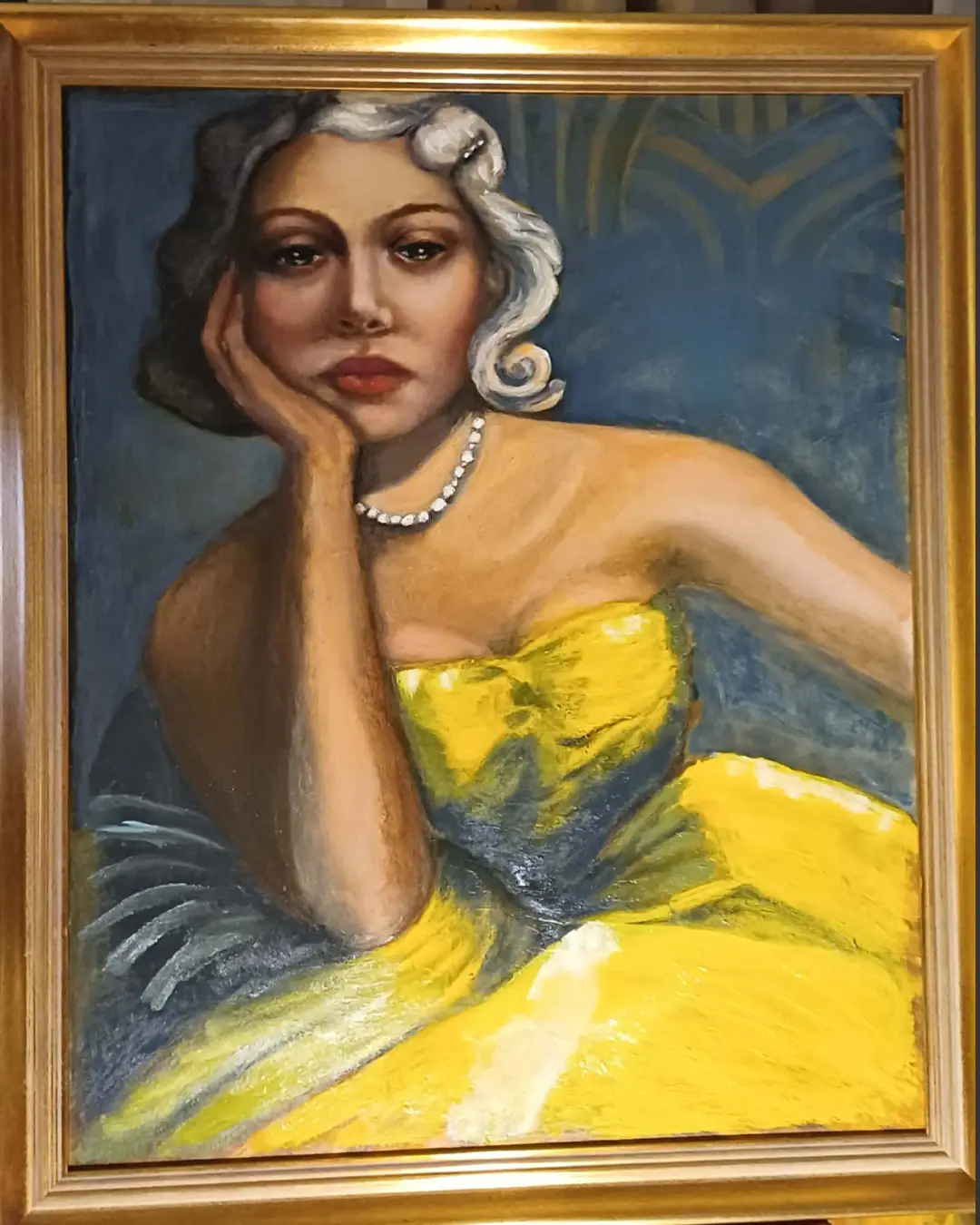 obraz olejny , portret kobiety w żółtej sukience, Tamara łempicka style, obraz na sprzedaż, sztuka współczesna Anna Brańska, modern art