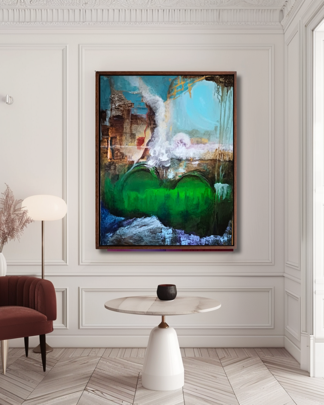abstrakcja surrealistyczna, obraz olejny zielony niebieski, abstract surrealism painting for sale